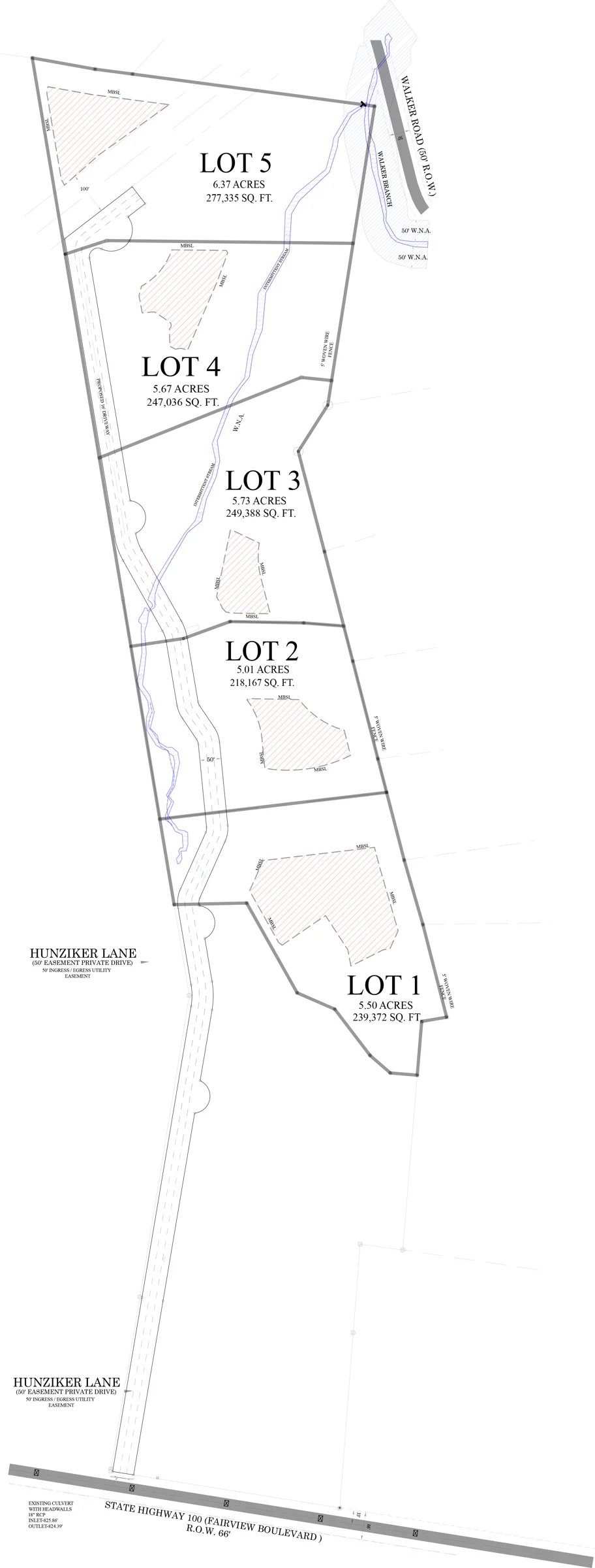 Illustrative community plan showing Lots 1–5 along Hunziker Lane